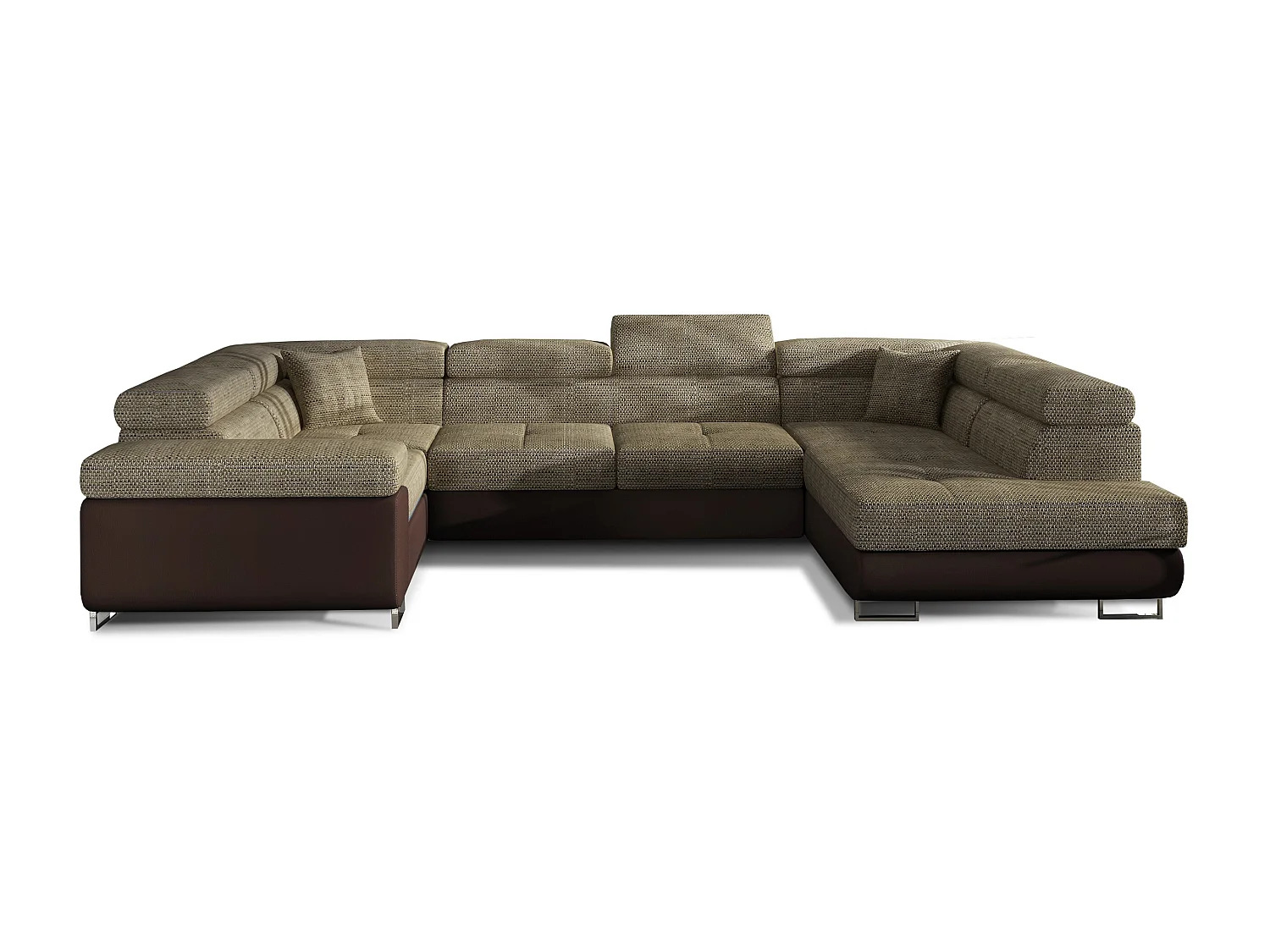 Canapé convertible U droit tissu beige chiné et simili marron avec coffre de rangement Tovy 340cm