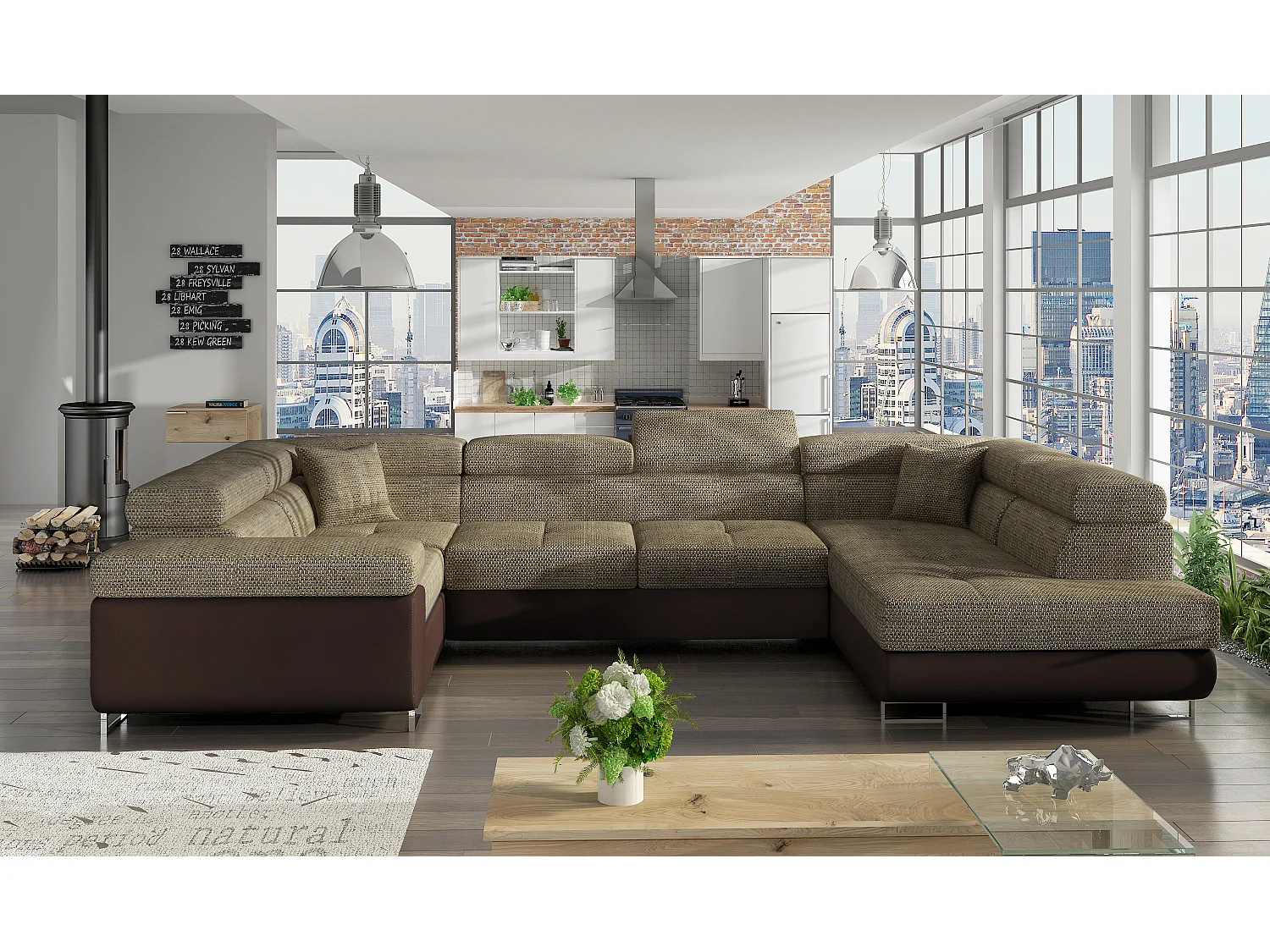 Canapé convertible U droit tissu beige chiné et simili marron avec coffre de rangement Tovy 340cm