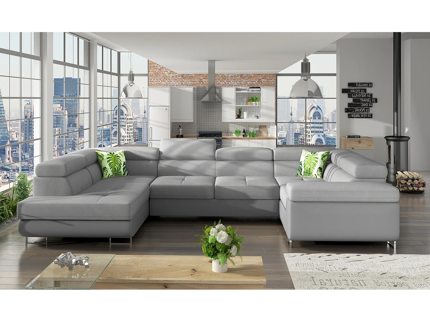 Linker U slaapbank in grijze stof en imitatie met Tovy opbergdoos 340 cm