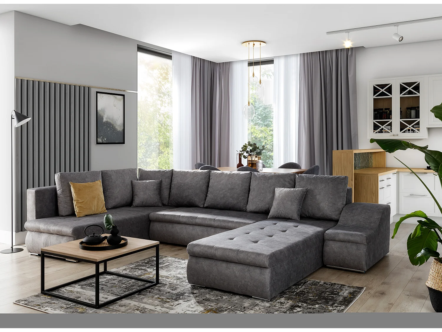 Canapé panoramique convertible tissu gris clair Jonaz 340cm-Méridienne A droite