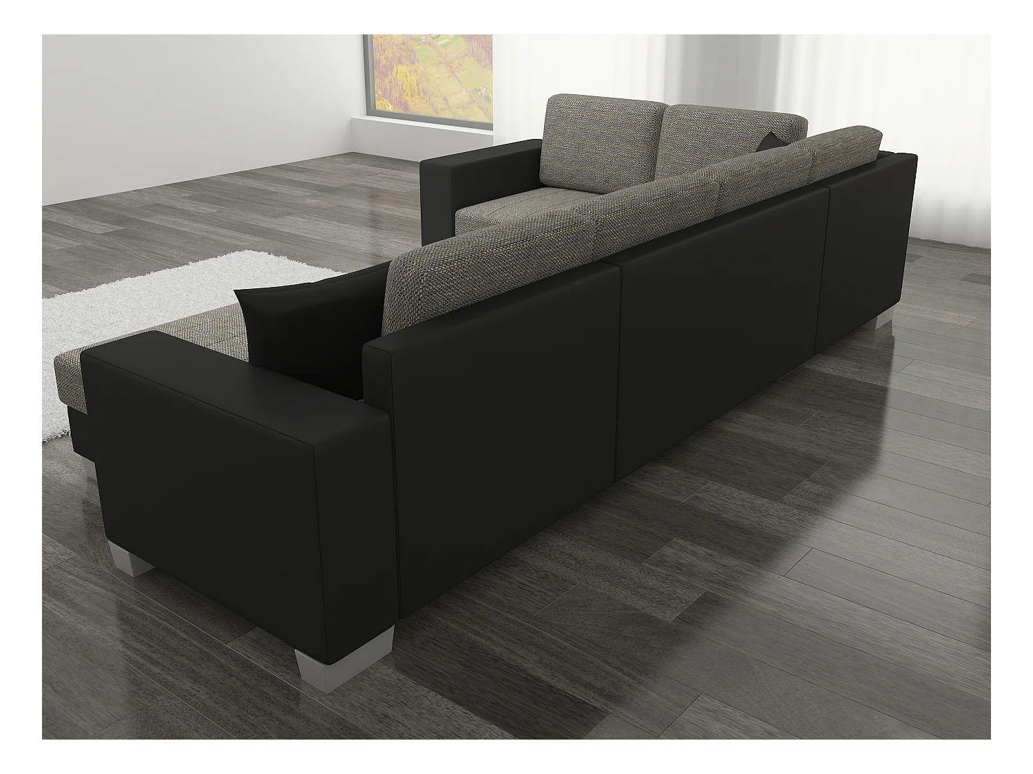 Canapé U convertible tissu beige chiné et simili beige coffre de rangement à gauche Marry 321cm