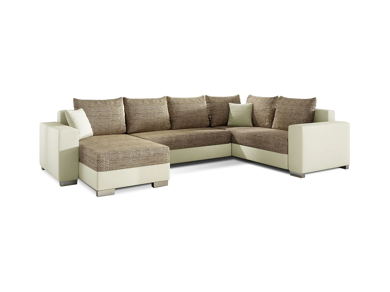 Canapé U convertible tissu beige chiné et simili beige coffre de rangement à gauche Marry 321cm