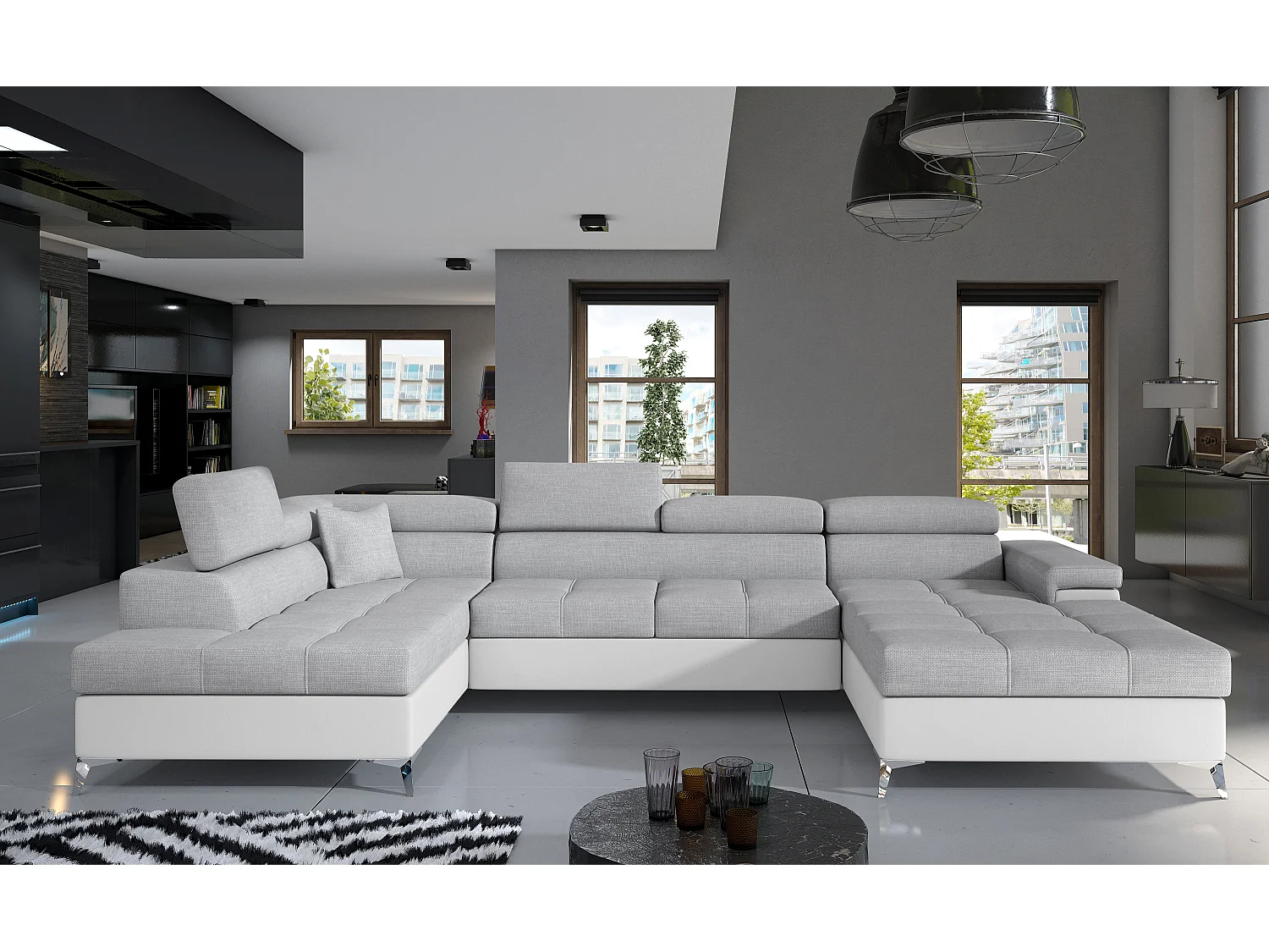 Canapé panoramique bi-matières tissu gris clair et simili cuir blanc coffre de rangement à gauche Kutty 345cm