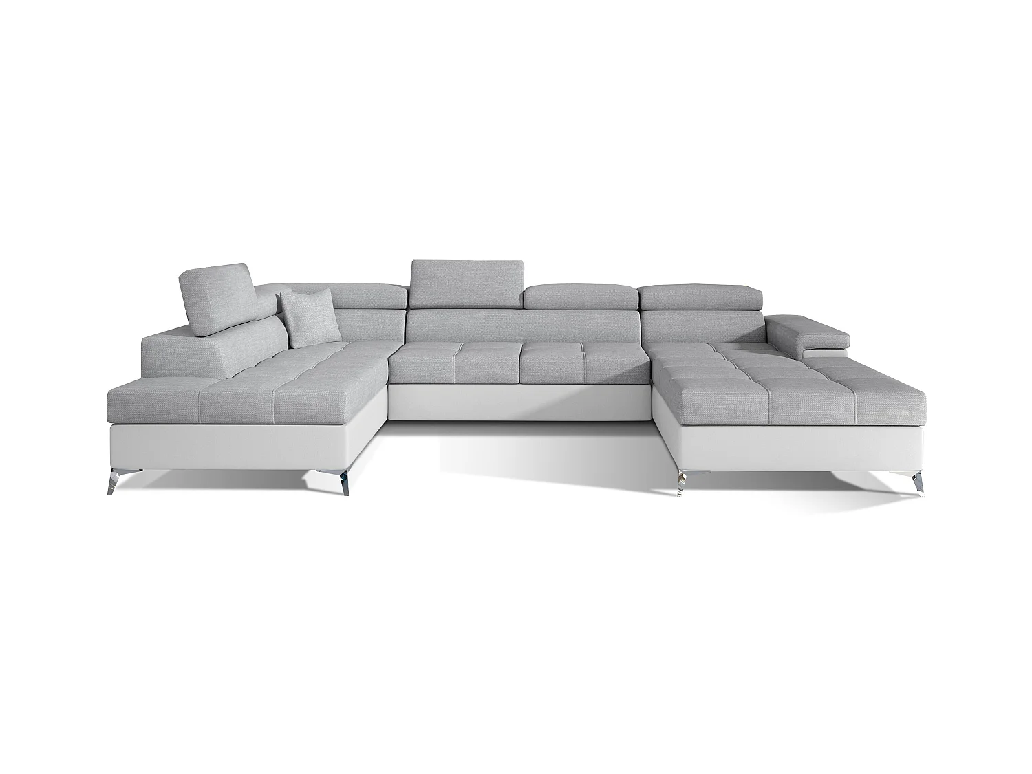 Canapé panoramique bi-matières tissu gris clair et simili cuir blanc coffre de rangement à gauche Kutty 345cm