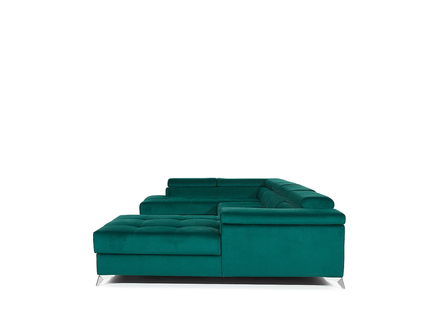 Canapé panoramique bi-matières tissu gris clair et simili cuir blanc coffre de rangement à gauche Kutty 345cm