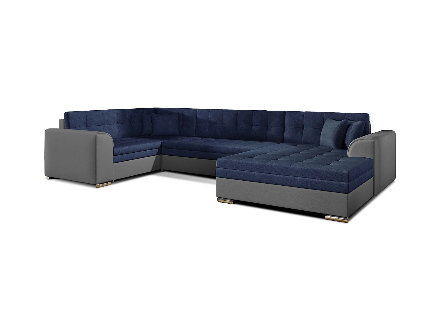Canapé convertible panoramique tissu bleu marine et simili gris méridienne à droite Diana 340cm