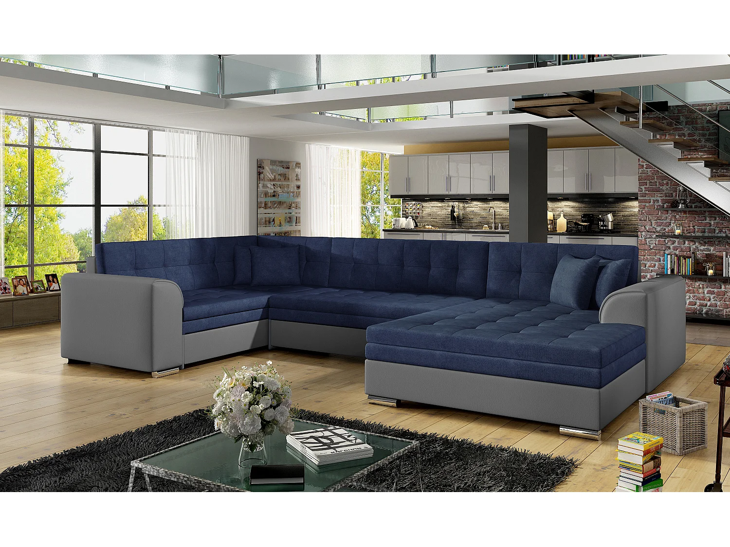 Canapé convertible panoramique tissu bleu marine et simili gris méridienne à droite Diana 340cm