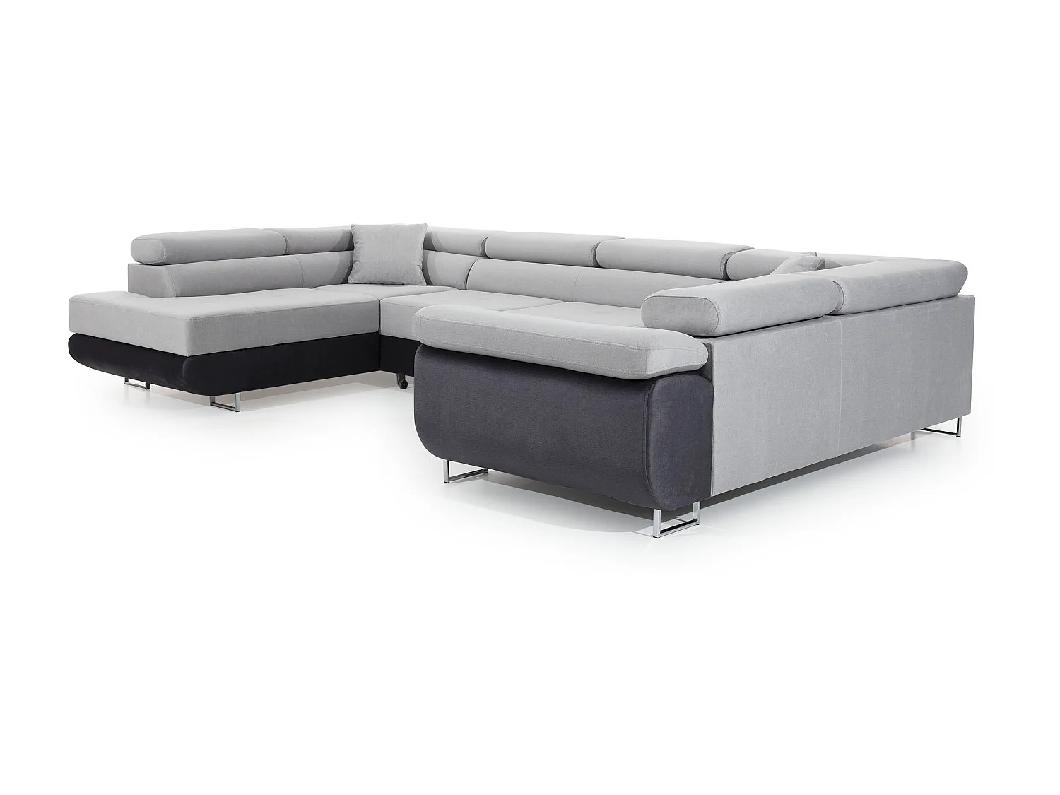 Canapé convertible U gauche tissu gris foncé et simili blanc avec coffre de rangement Tovy 340cm