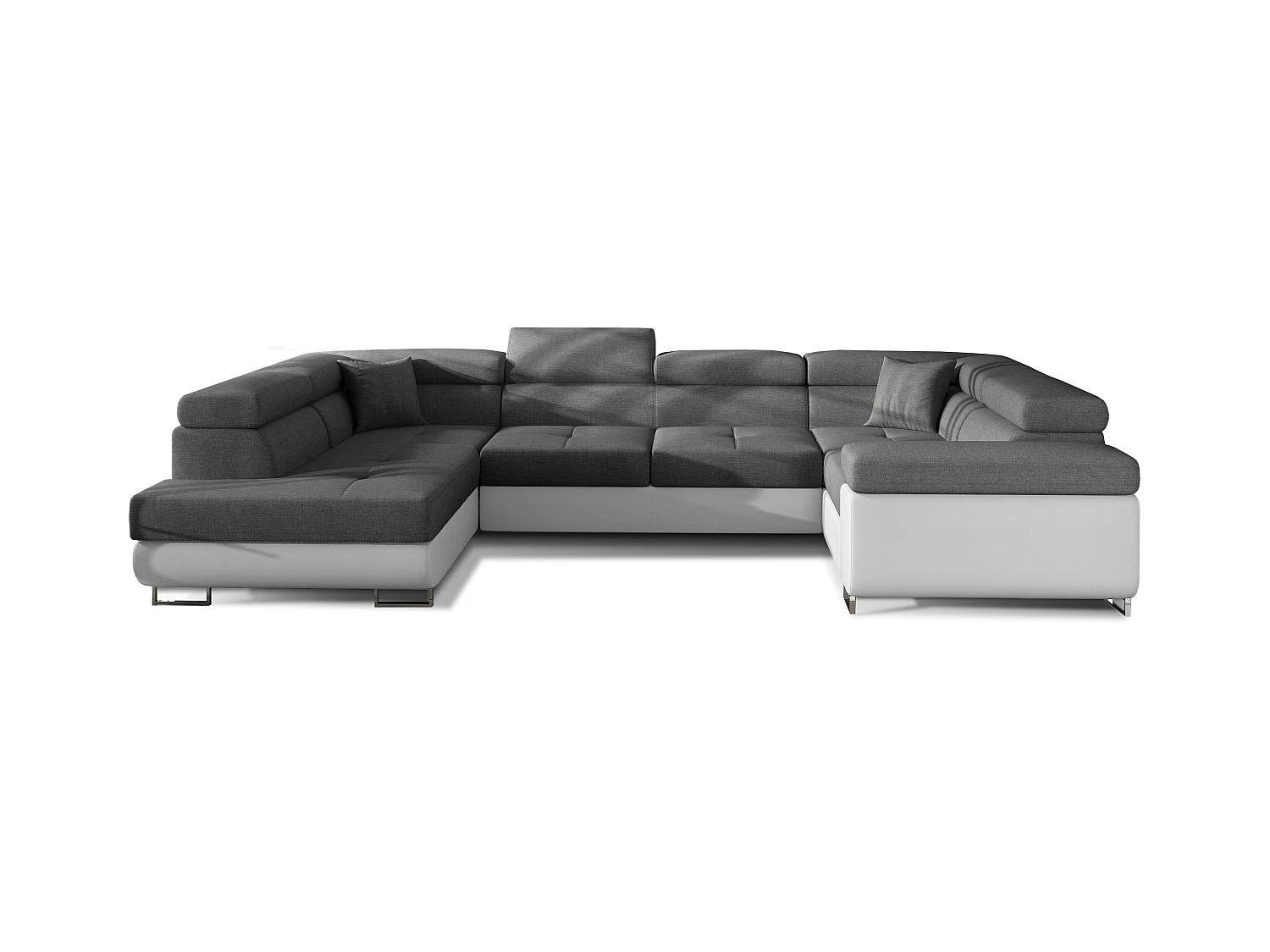 Canapé convertible U gauche tissu gris foncé et simili blanc avec coffre de rangement Tovy 340cm