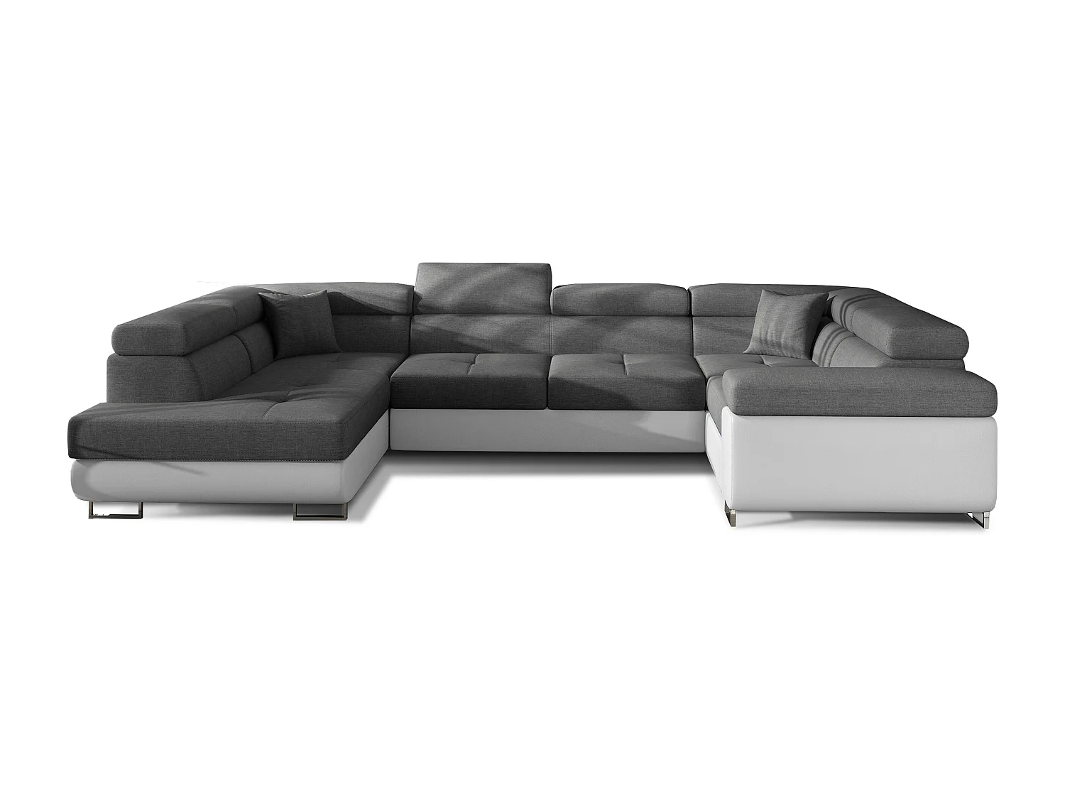 Canapé convertible U gauche tissu gris foncé et simili blanc avec coffre de rangement Tovy 340cm