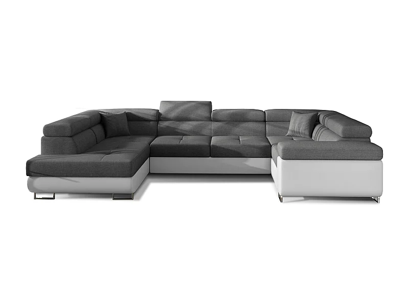 Canapé convertible U gauche tissu gris foncé et simili blanc avec coffre de rangement Tovy 340cm