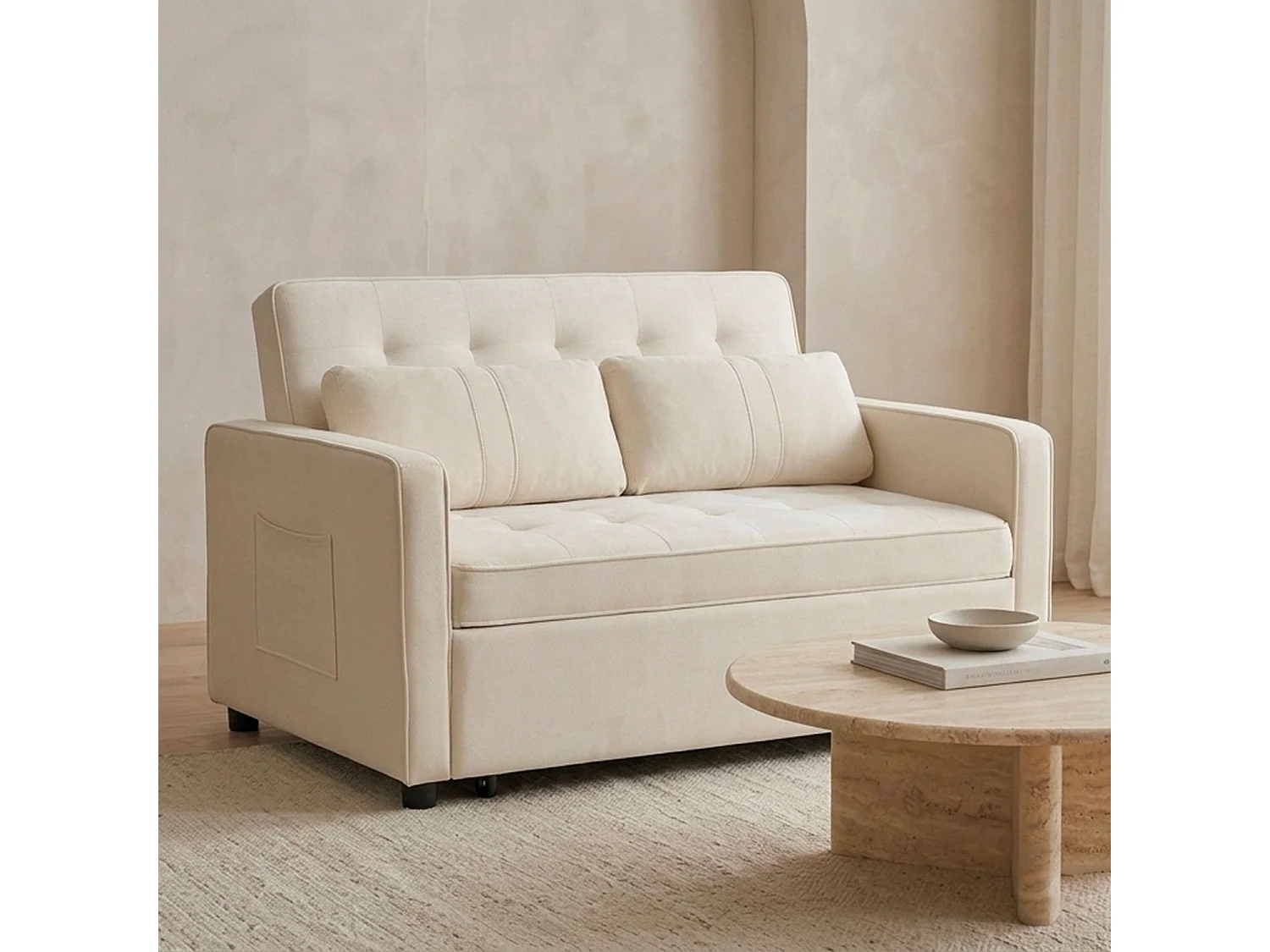 Canapé convertible 2 places en velours beige KOMARIA