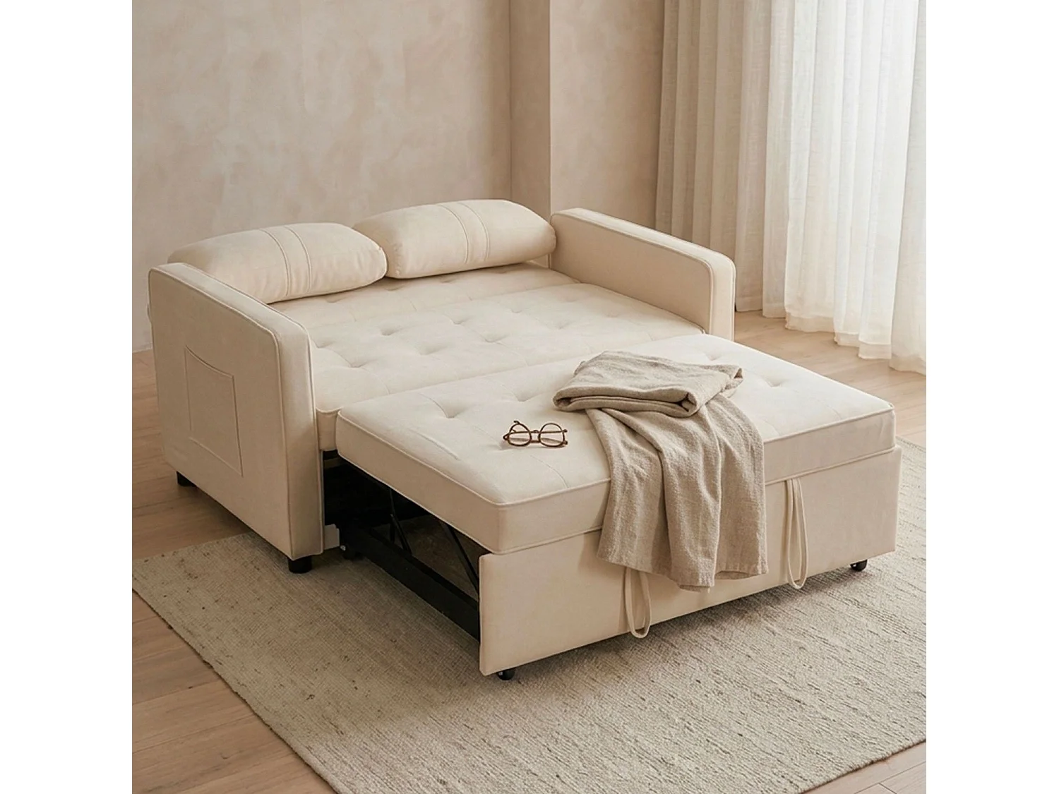 Canapé convertible 2 places en velours beige KOMARIA