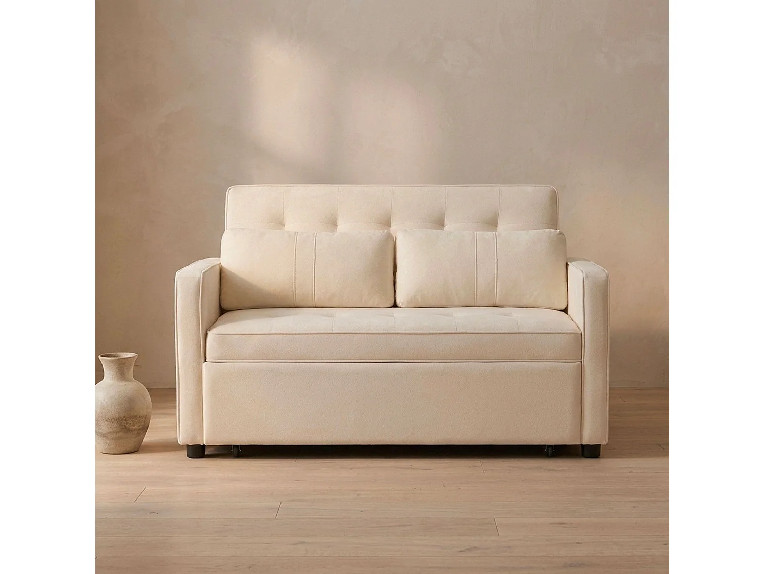 Canapé convertible 2 places en velours beige KOMARIA