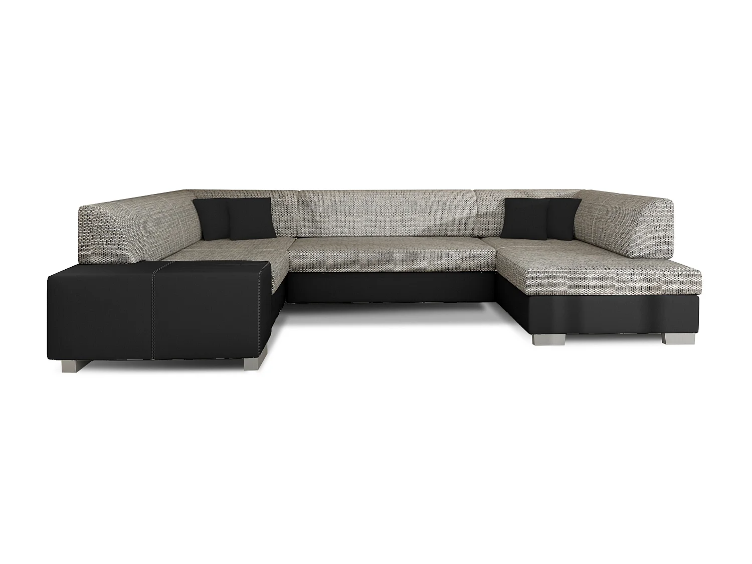 Canapé convertible panoramique bi matières tissu gris chiné et simili cuir noir avec coffre de rangement Houston 320cm-Coffre de rangement à gauche