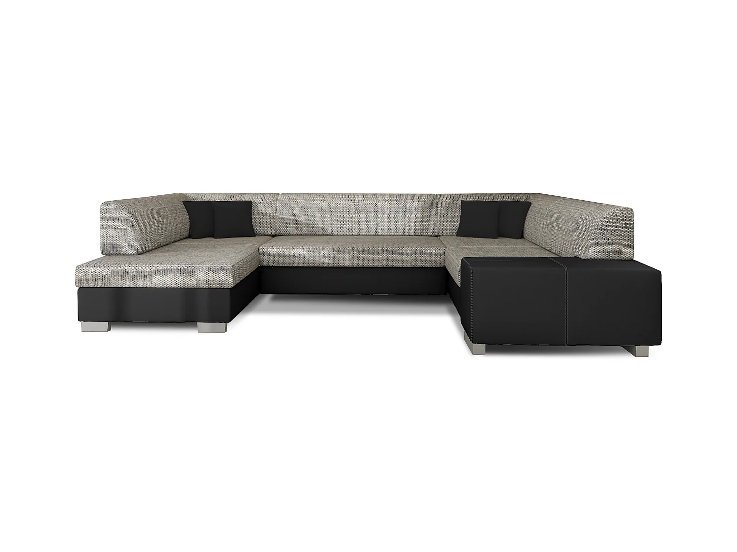 Canapé convertible panoramique bi matières tissu gris chiné et simili cuir noir avec coffre de rangement Houston 320cm-Coffre de rangement à gauche