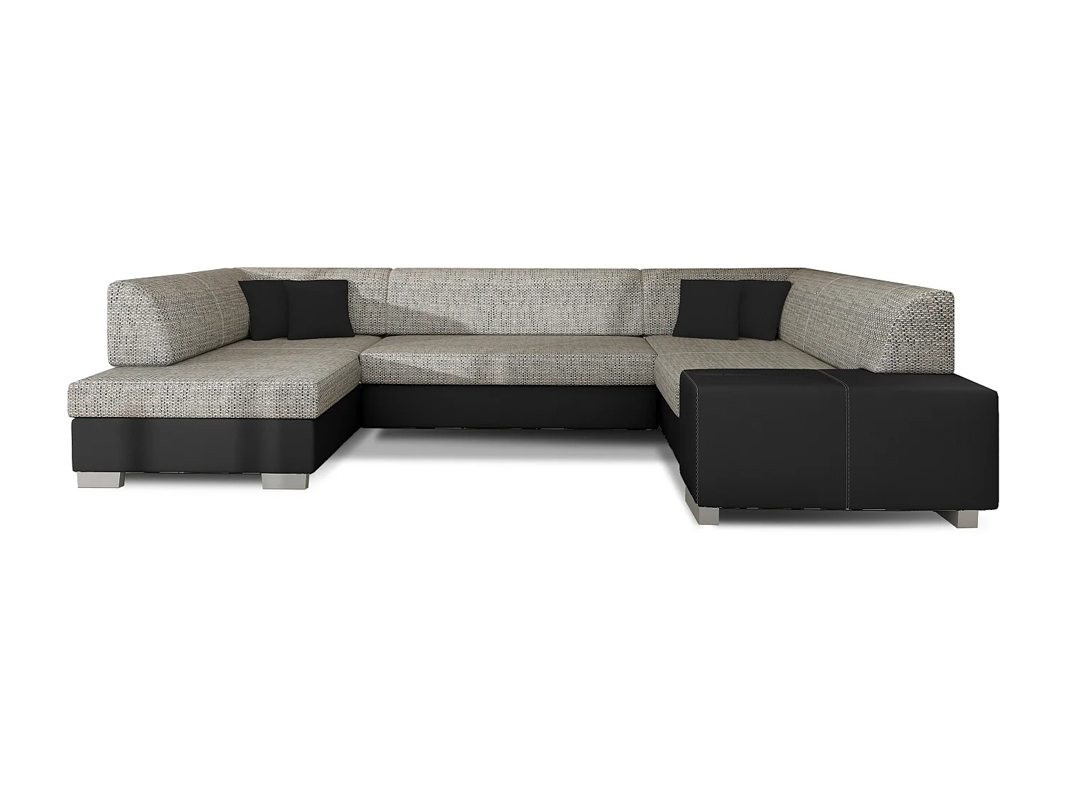 Canapé convertible panoramique bi matières tissu gris chiné et simili cuir noir avec coffre de rangement Houston 320cm-Coffre de rangement à gauche