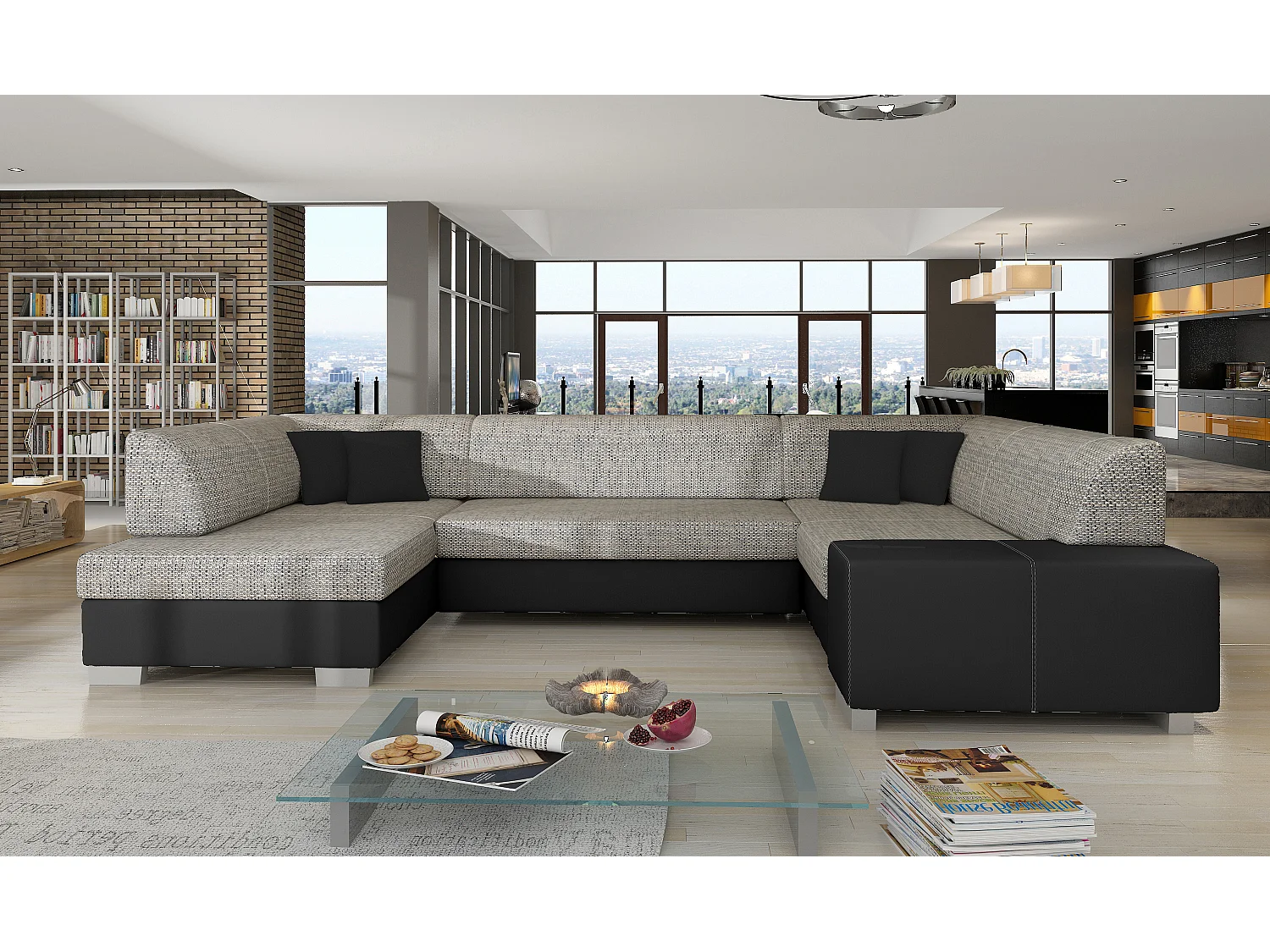Canapé convertible panoramique bi matières tissu gris chiné et simili cuir noir avec coffre de rangement Houston 320cm-Coffre de rangement à gauche