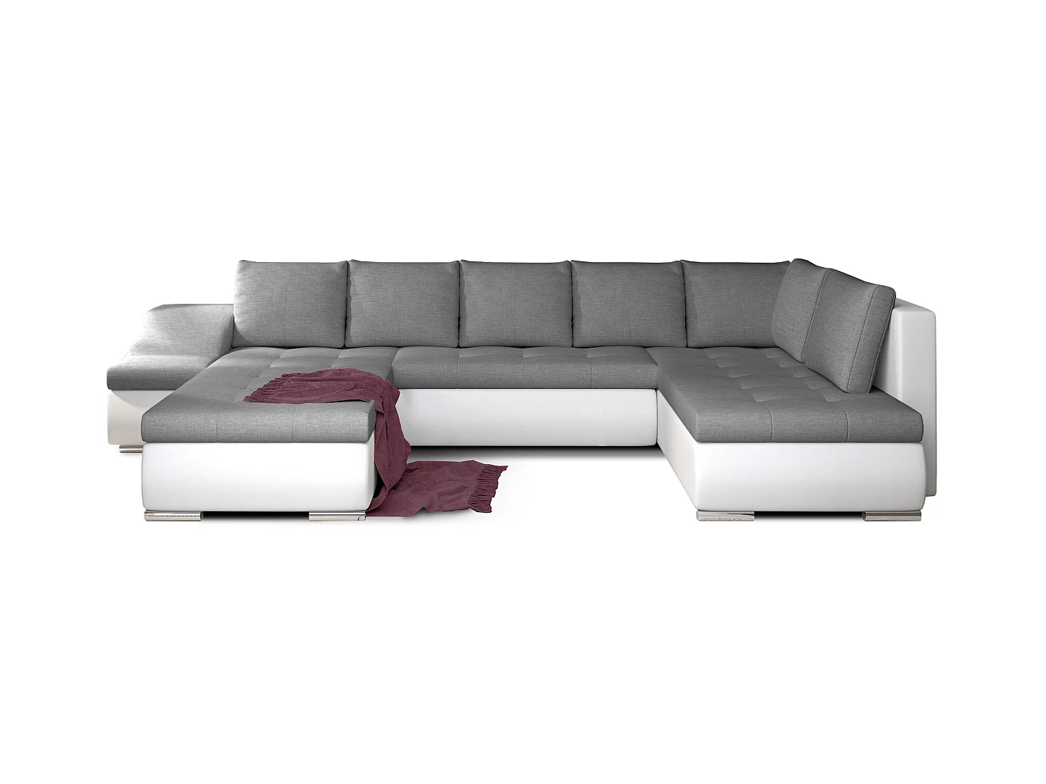 Canapé panoramique convertible tissu gris et simili cuir blanc Jonaz 340cm-Méridienne A gauche