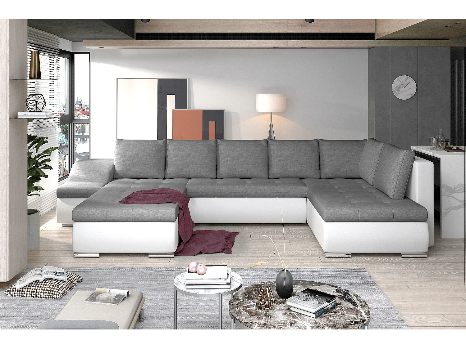 Canapé panoramique convertible tissu gris et simili cuir blanc Jonaz 340cm-Méridienne A gauche