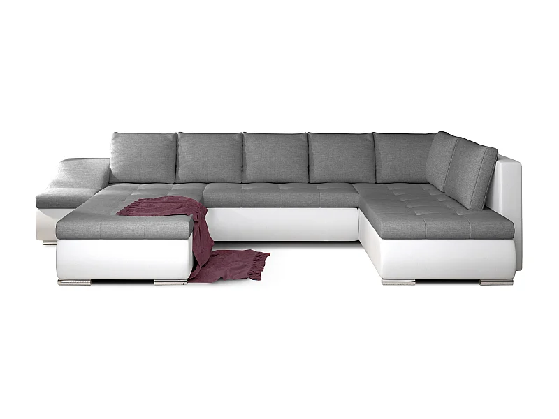 Canapé panoramique convertible tissu gris et simili cuir blanc Jonaz 340cm-Méridienne A gauche