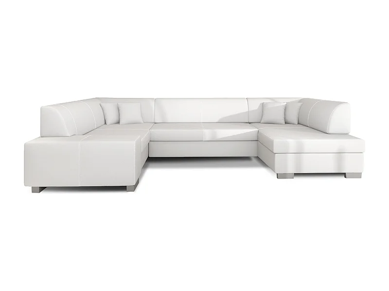 Canapé convertible panoramique simili cuir blanc avec coffre de rangement Houston 320cm-Coffre de rangement à droite