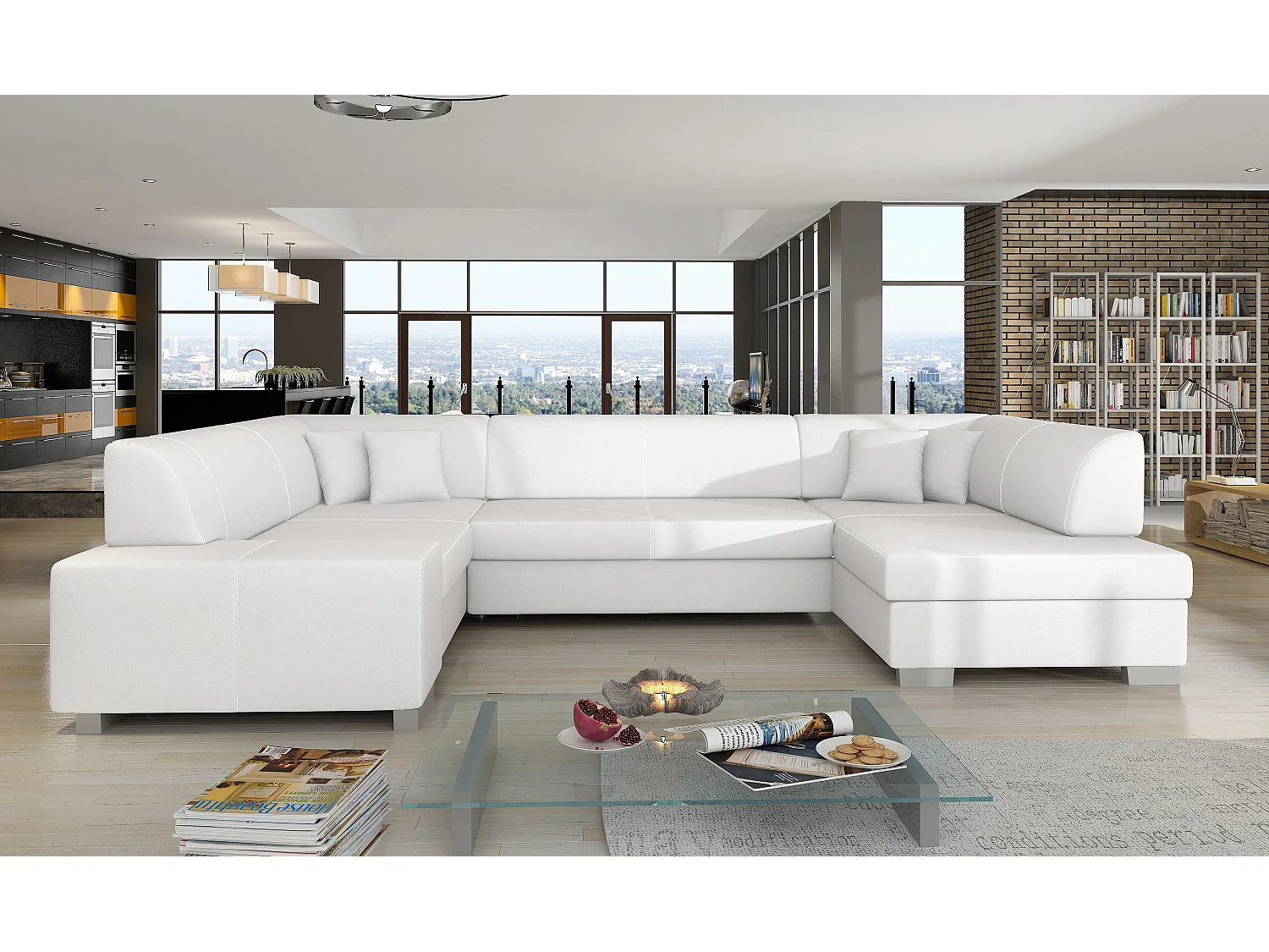 Canapé convertible panoramique simili cuir blanc avec coffre de rangement Houston 320cm-Coffre de rangement à droite