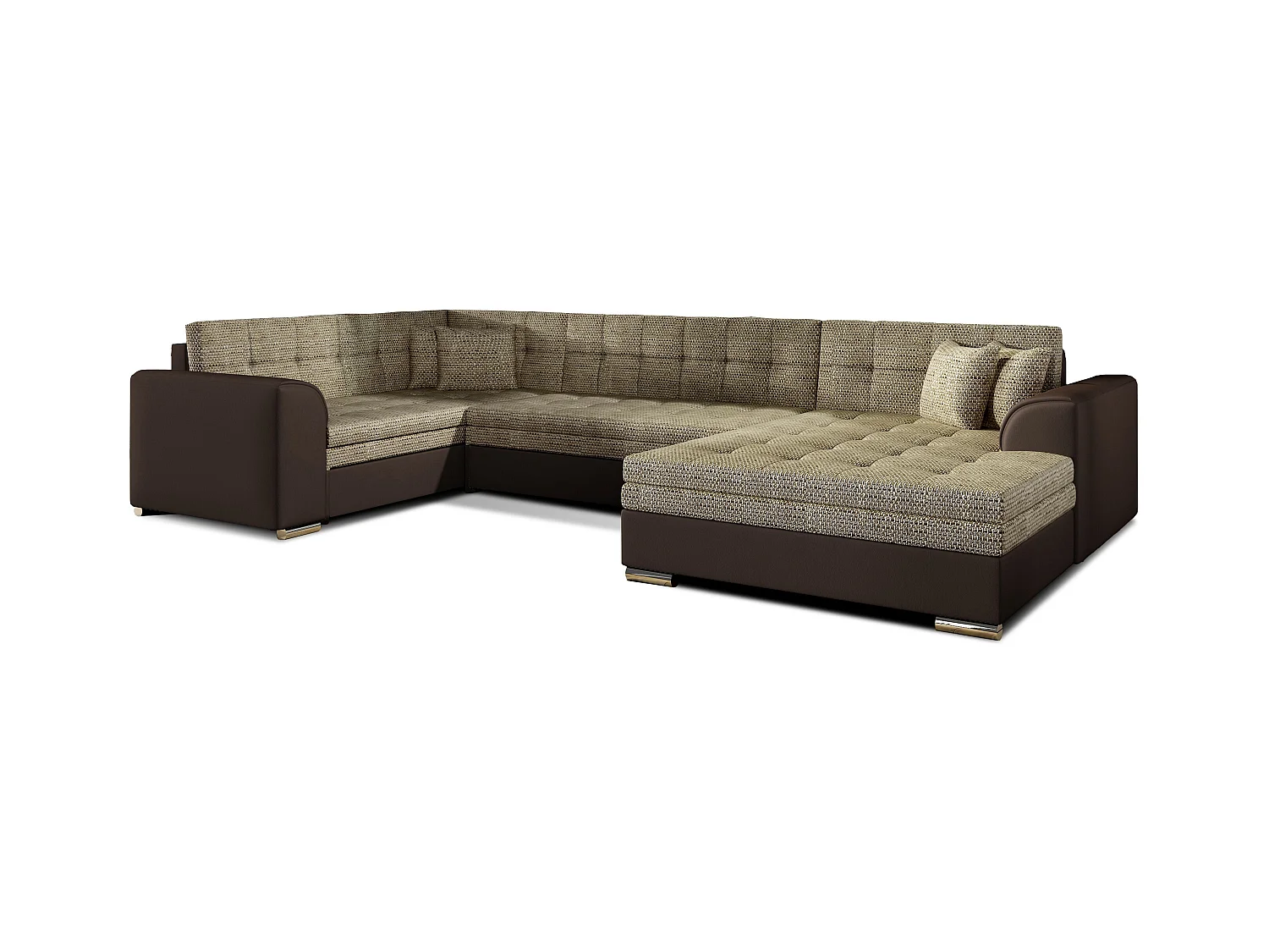 Canapé convertible panoramique tissu beige chiné et simili marron méridienne à droite Diana 340cm