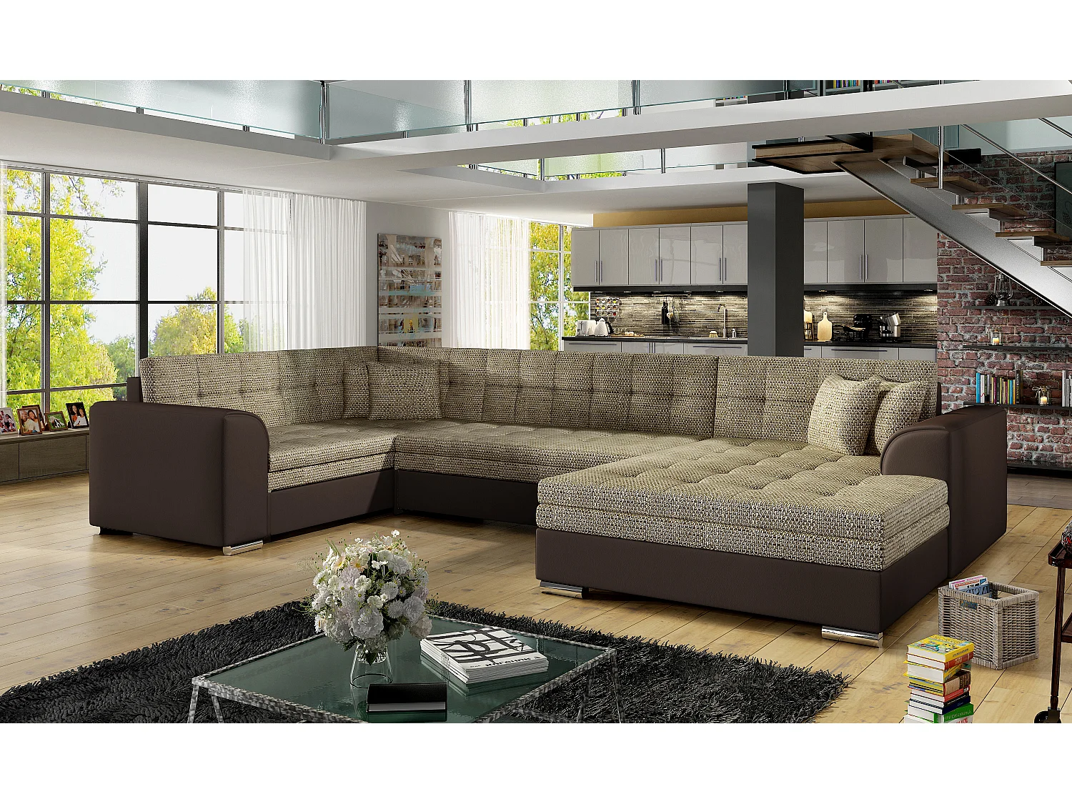 Canapé convertible panoramique tissu beige chiné et simili marron méridienne à droite Diana 340cm