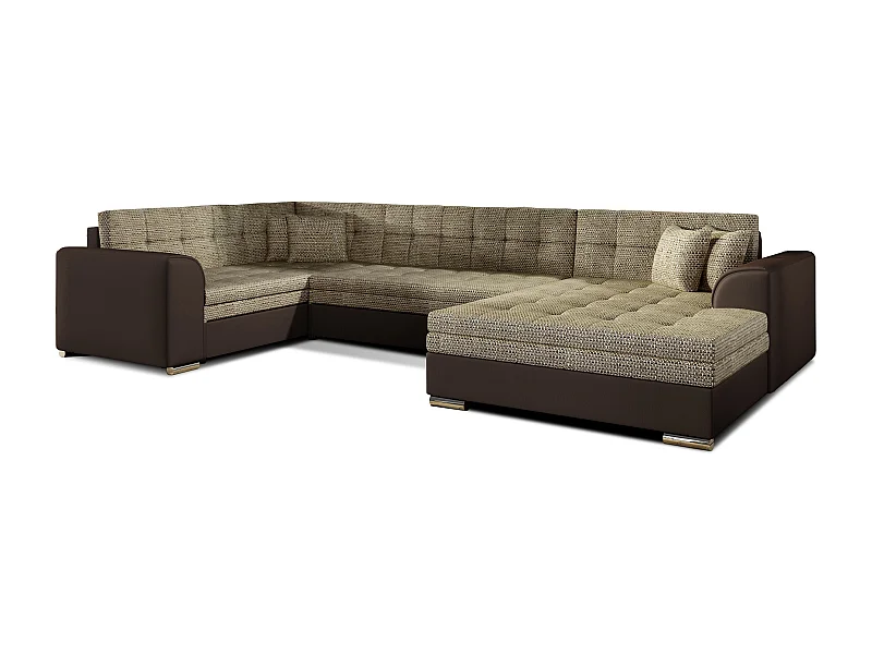 Canapé convertible panoramique tissu beige chiné et simili marron méridienne à droite Diana 340cm