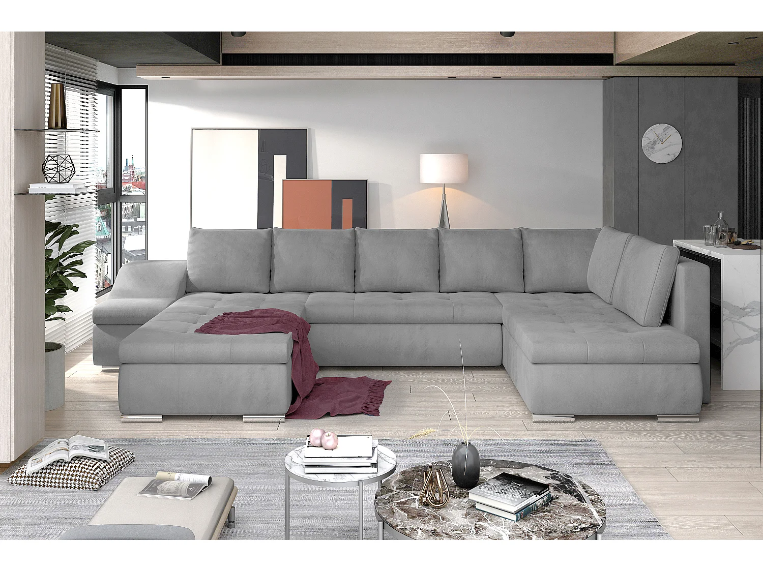 Canapé panoramique convertible velours gris clair Jonaz 340cm-Méridienne A gauche