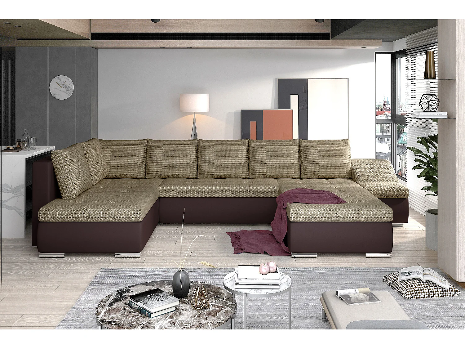 Canapé panoramique convertible tissu beige clair chiné et simili cuir marron Jonaz 340cm-Méridienne A droite