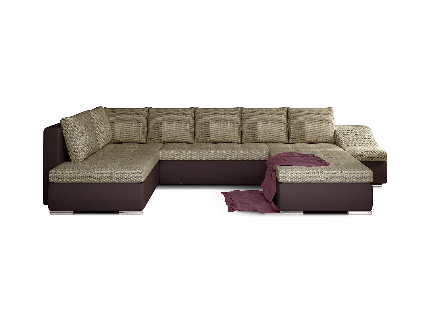 Canapé panoramique convertible tissu beige clair chiné et simili cuir marron Jonaz 340cm-Méridienne A droite