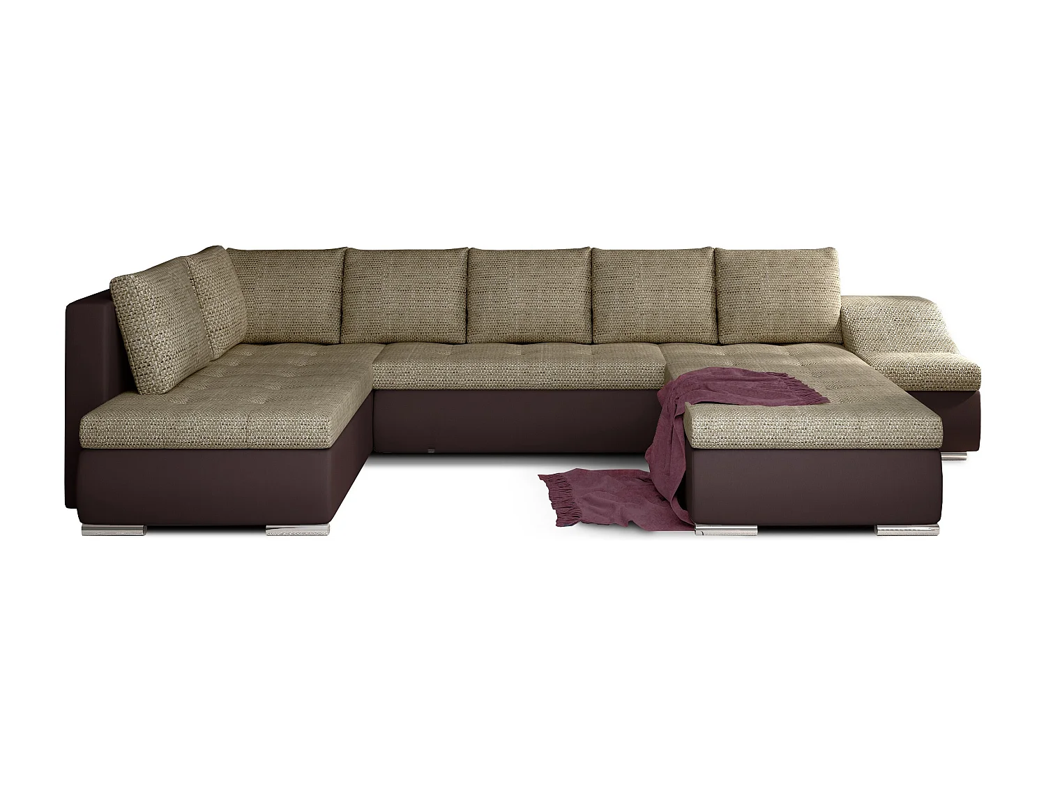 Canapé panoramique convertible tissu beige clair chiné et simili cuir marron Jonaz 340cm-Méridienne A droite