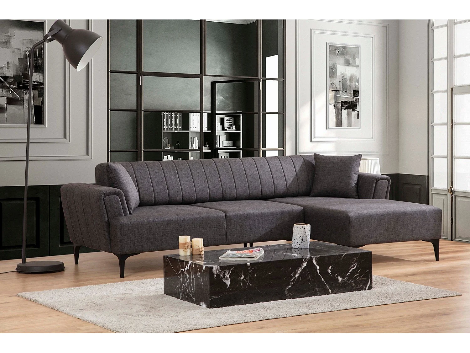 Canapé d'angle à droite convertible Devinos Tissu Gris foncé