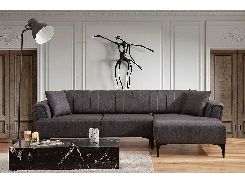 Canapé d'angle à droite convertible Devinos Tissu Gris foncé