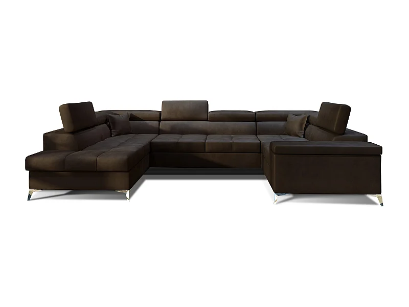 Canapé panoramique convertible velours marron avec coffre de rangement Triano 342cm-Coffre de rangement à gauche