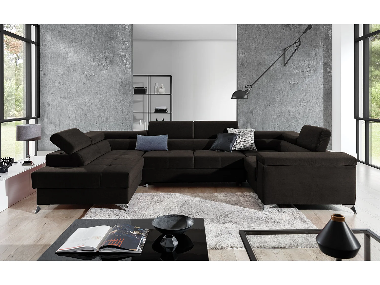 Sofá panorámico convertible TRIANO en terciopelo, con almacenaje y reposacabezas ajustables-Marrón-Caja Lado izquierdo