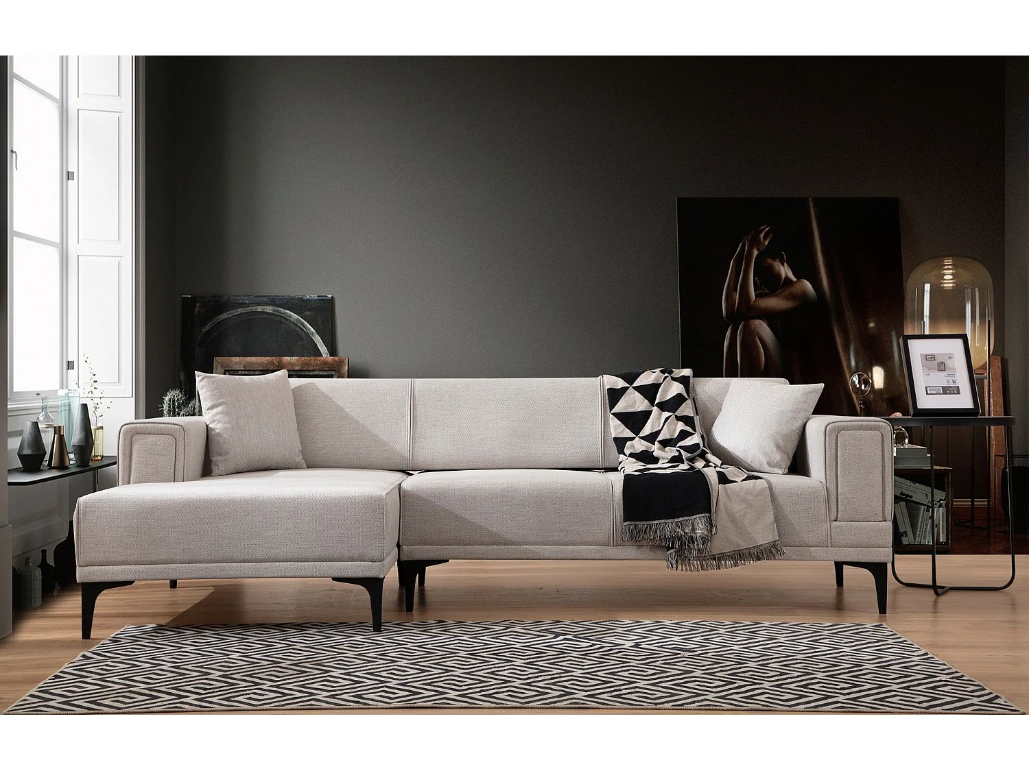 Canapé d'angle convertible méridienne à gauche Vertice Tissu toile Beige