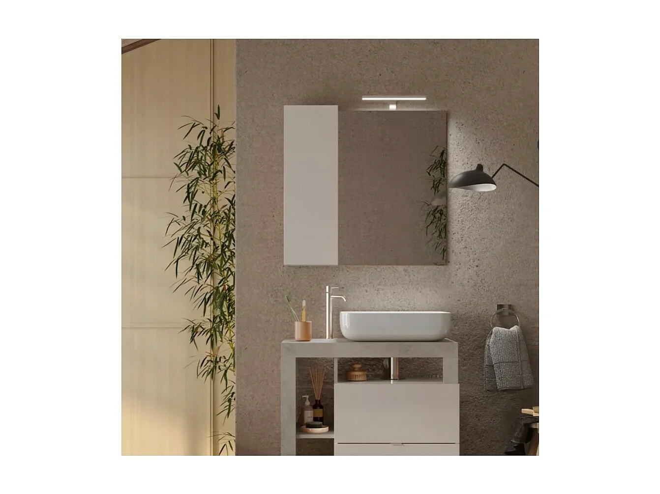 Espelho design com armazenamento, 78x75 cm, coleção BURA, acabamento em branco brilhante e concreto