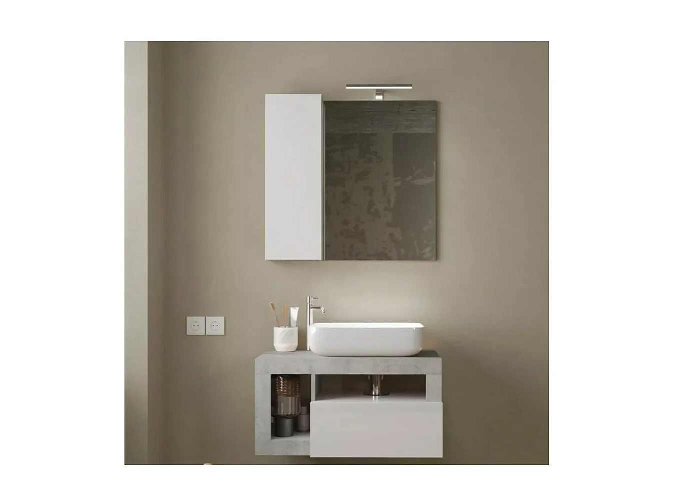 Espelho design com armazenamento, 78x75 cm, coleção BURA, acabamento em branco brilhante e concreto