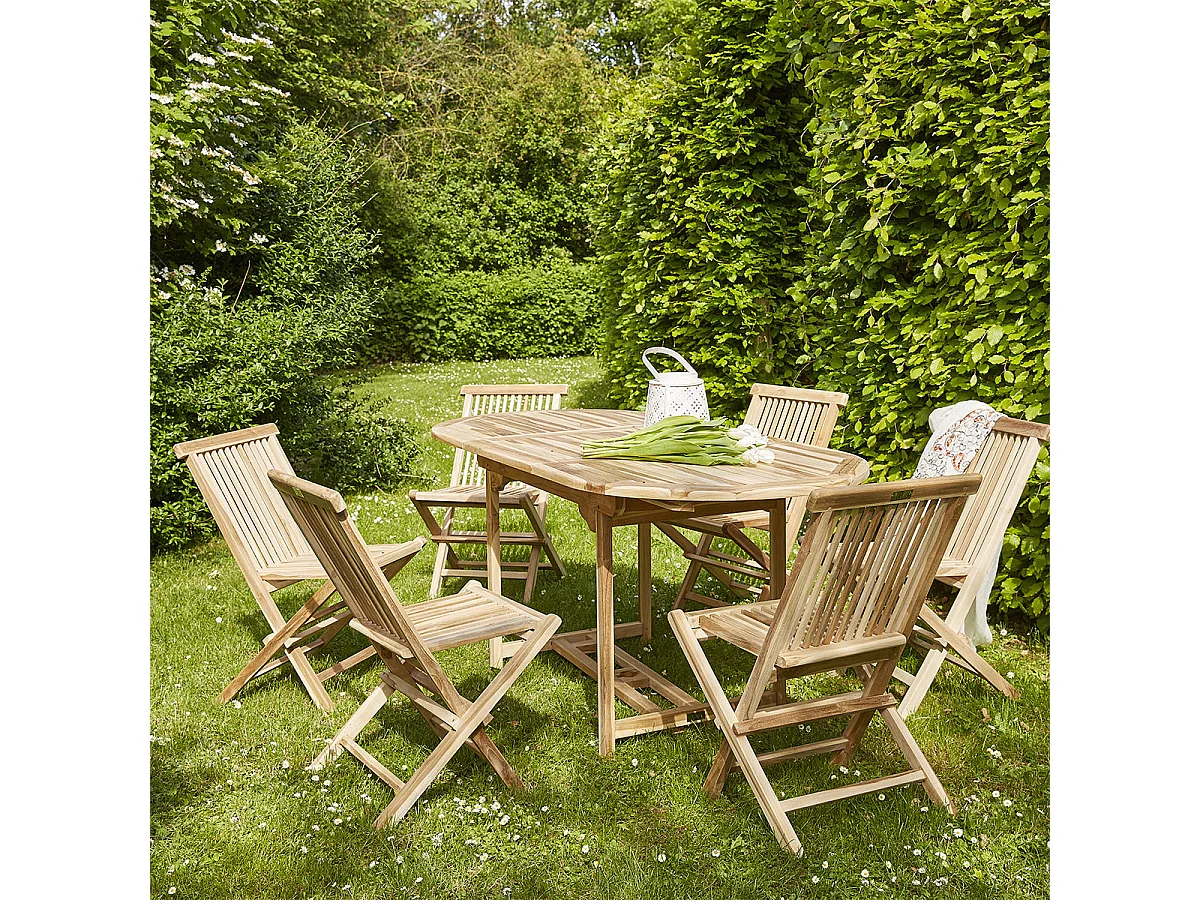 Salón de jardín de madera teca maciza extensible para 6 pers.