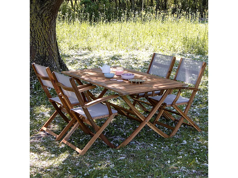 Set da esterno in massello di acacia e textilene grigio per 4 persone