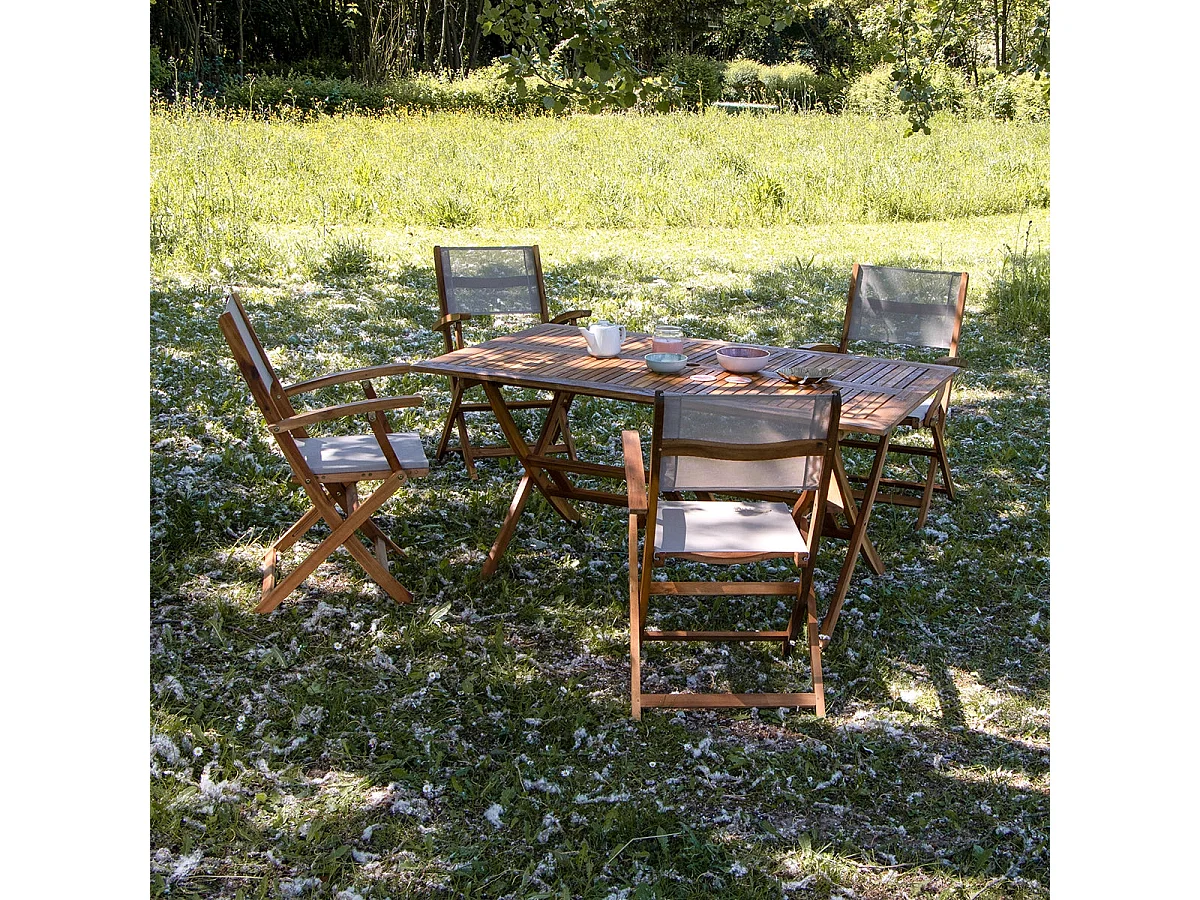 Set da esterno in massello di acacia e textilene grigio per 4 persone