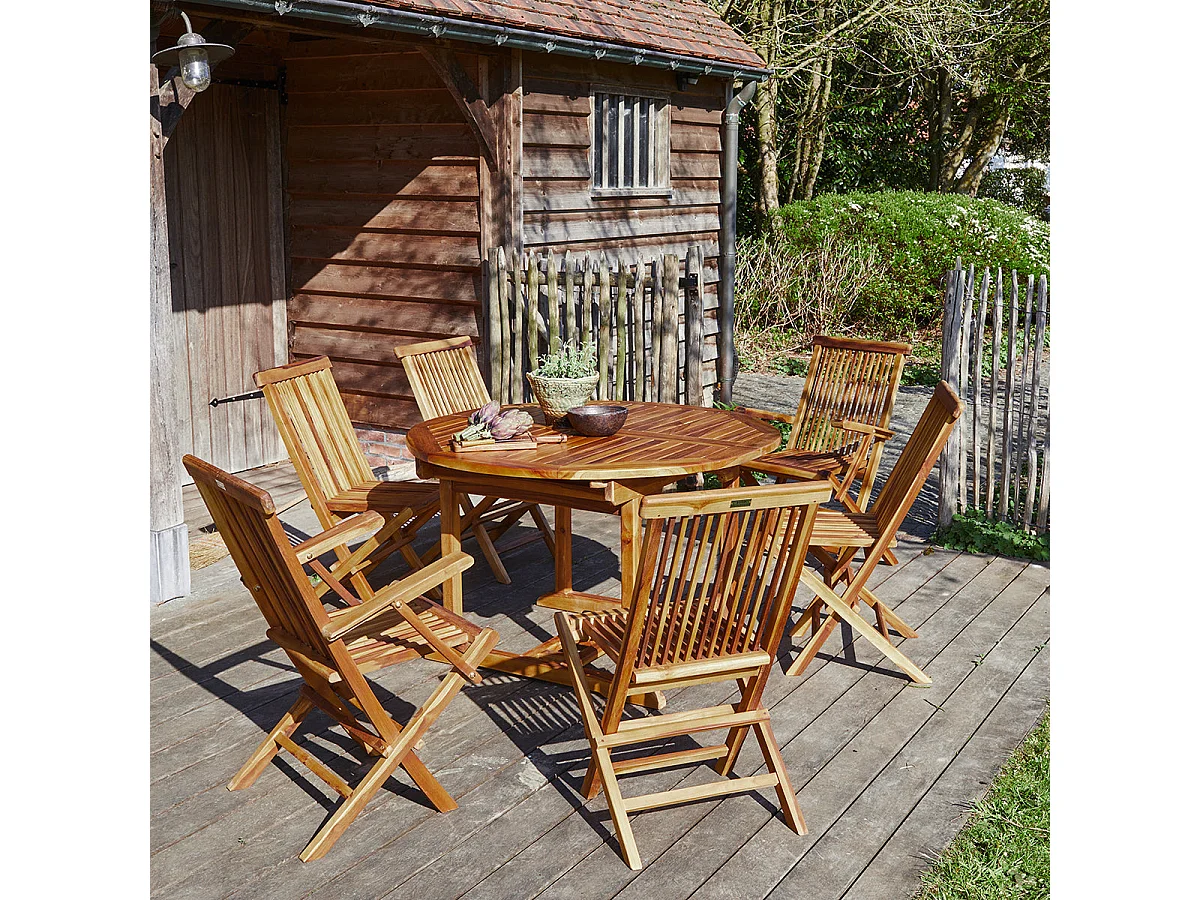 Set da giardino con tavolo allungabile, teak massello oliato 6/8 pers