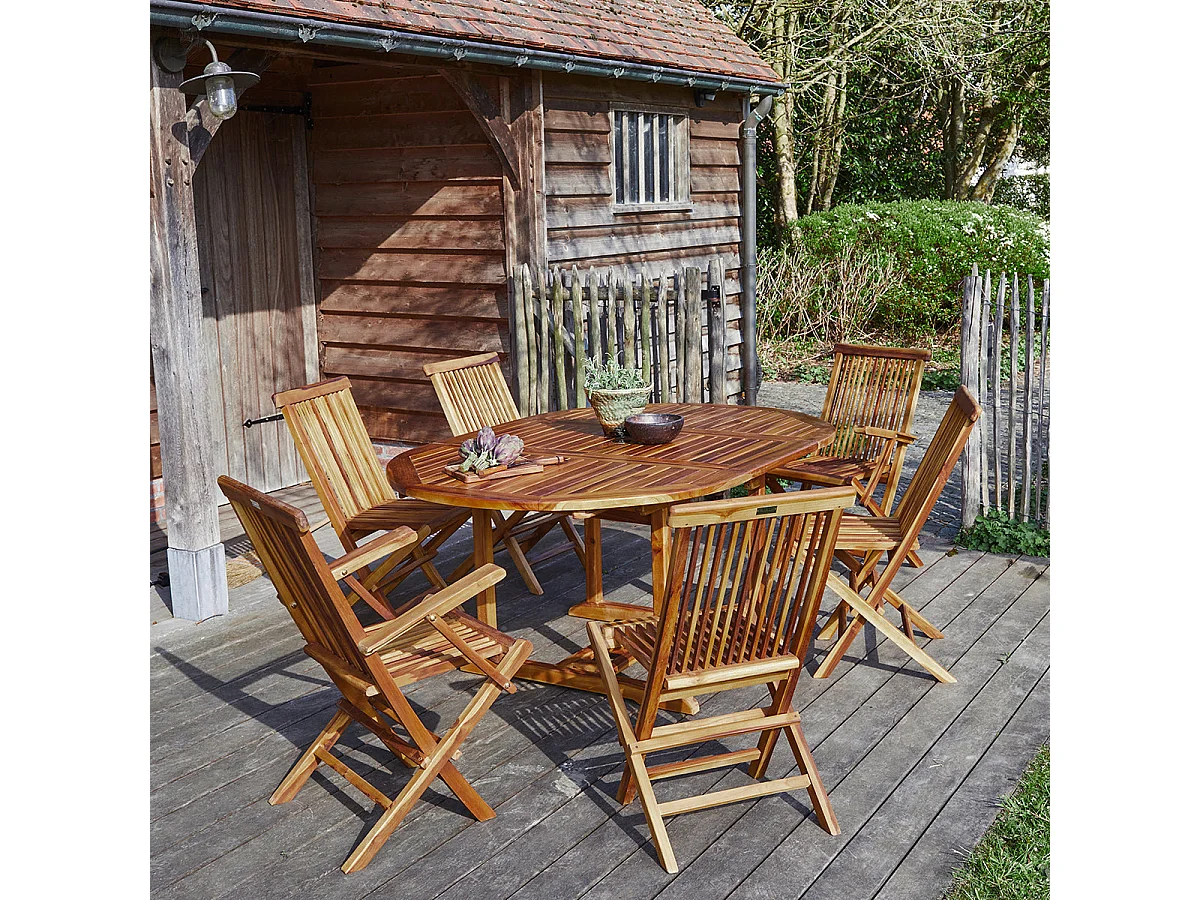 Set da giardino con tavolo allungabile, teak massello oliato 6/8 pers
