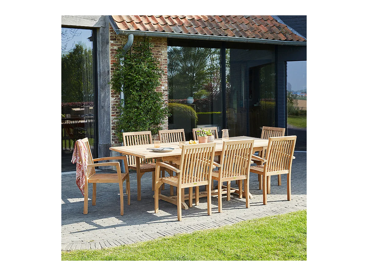 Set da esterno con tavolo allungabile in teak per 8/10 persone