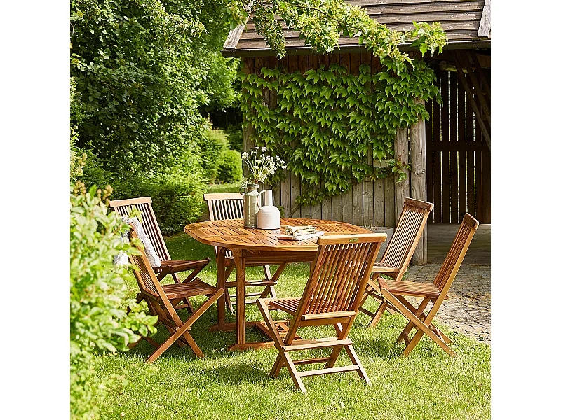Set da esterno con tavolo allungabile in teak oliato per 6/8 persone