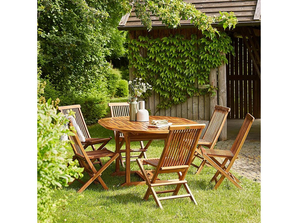 Set da esterno con tavolo allungabile in teak oliato per 6/8 persone