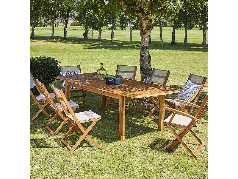 Set da esterno con tavolo allungabile in acacia FSC per 8/10 persone